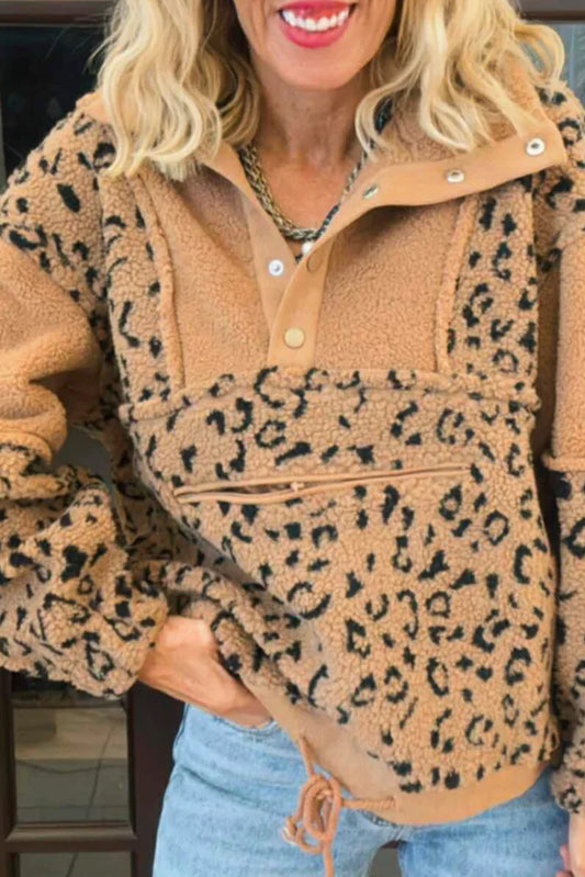 Khaki Sherpa Leopard Color Block Patchwork Cozy Pullover Sweatshirt