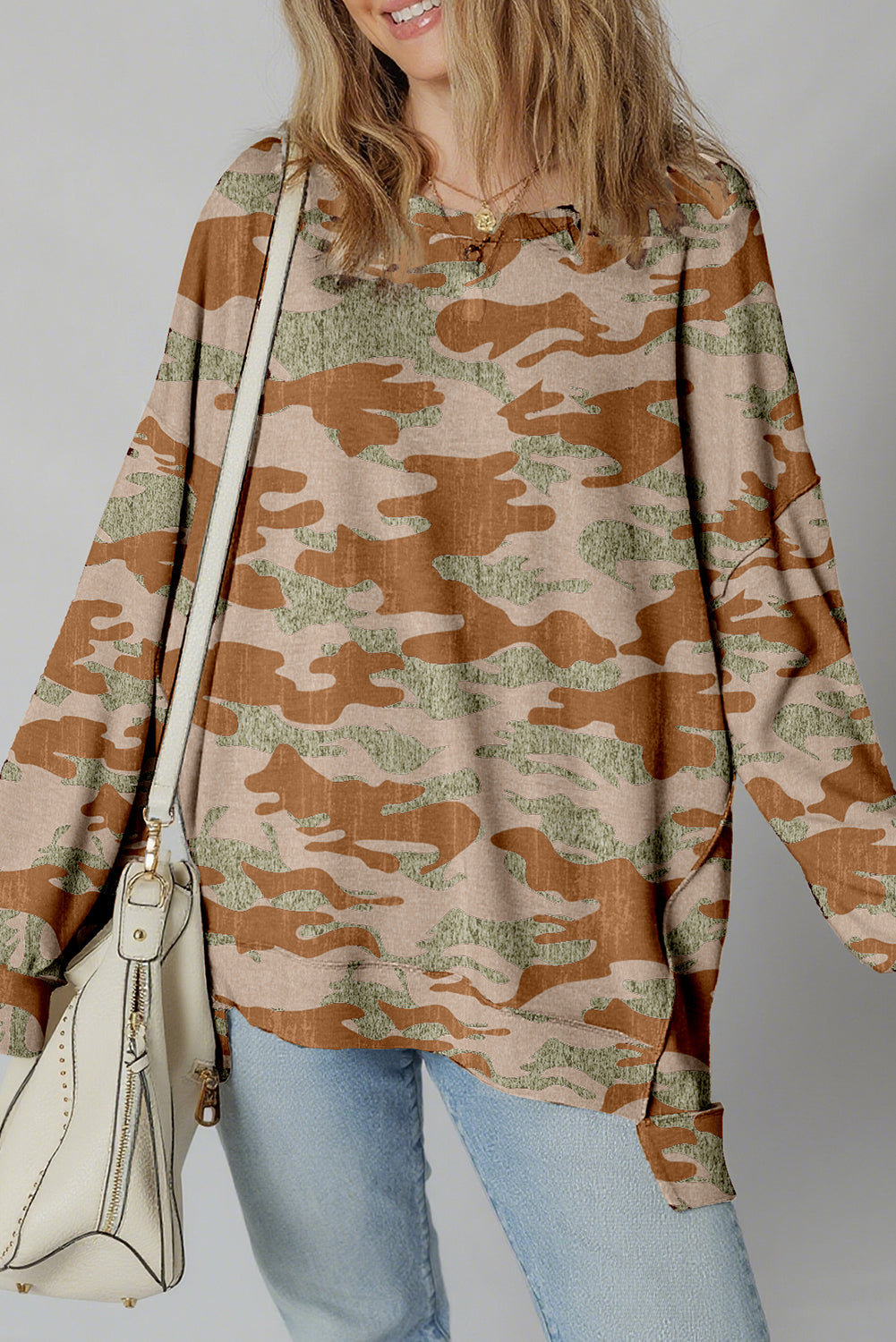 Brown Retro Camouflage Print Exposed Seam Patchwork Drop Shoulder Sweatshirt