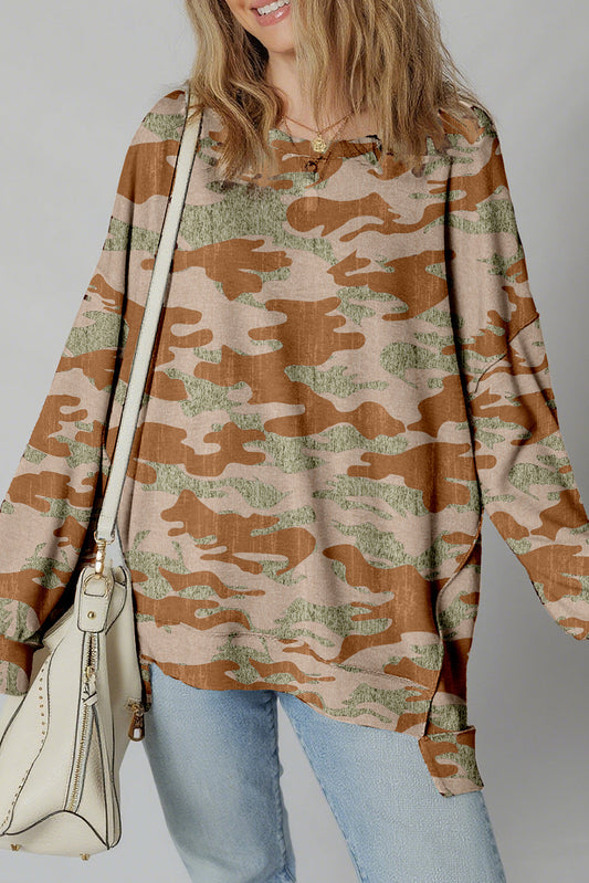 Brown Retro Camouflage Print Exposed Seam Patchwork Drop Shoulder Sweatshirt
