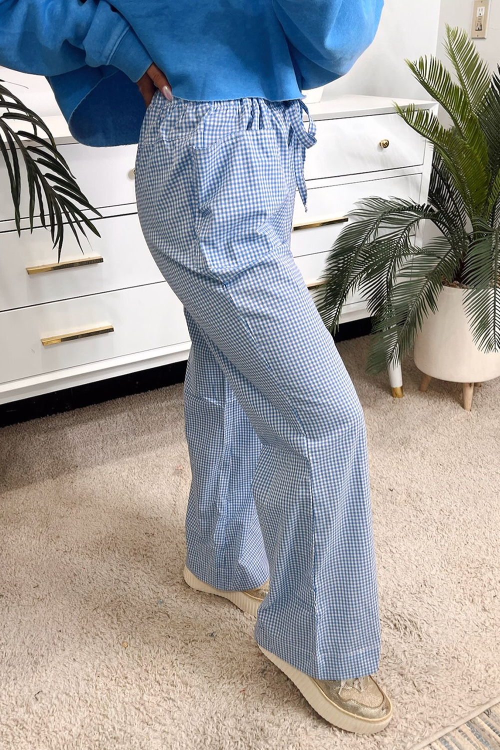 Sky Blue Gingham Drawstring Flared Leg Pants