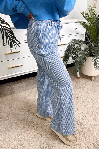 Sky Blue Gingham Drawstring Flared Leg Pants