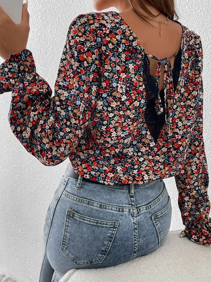 Flame Red Lace Patch V-Neck Tie-Up Puff Sleeve Floral Top