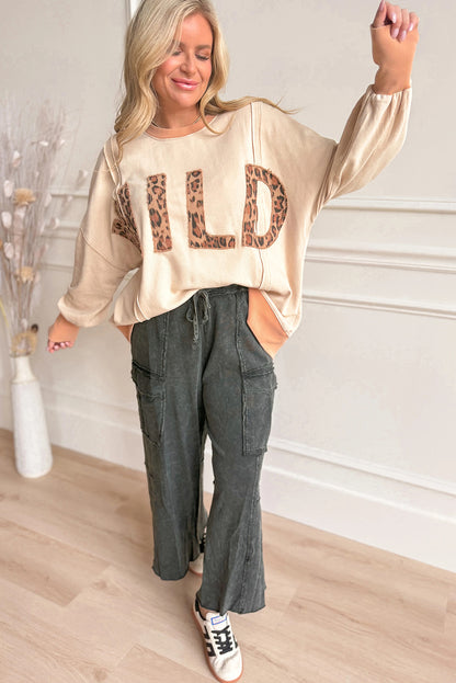 Apricot WILD Leopard Letter Stitched Raw Seam Oversize Pullover Sweatshirt