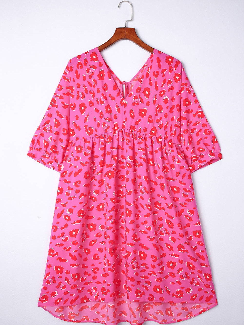 Leopard Print Plus Size Babydoll Dress with V Neck and Bubble Sleeves