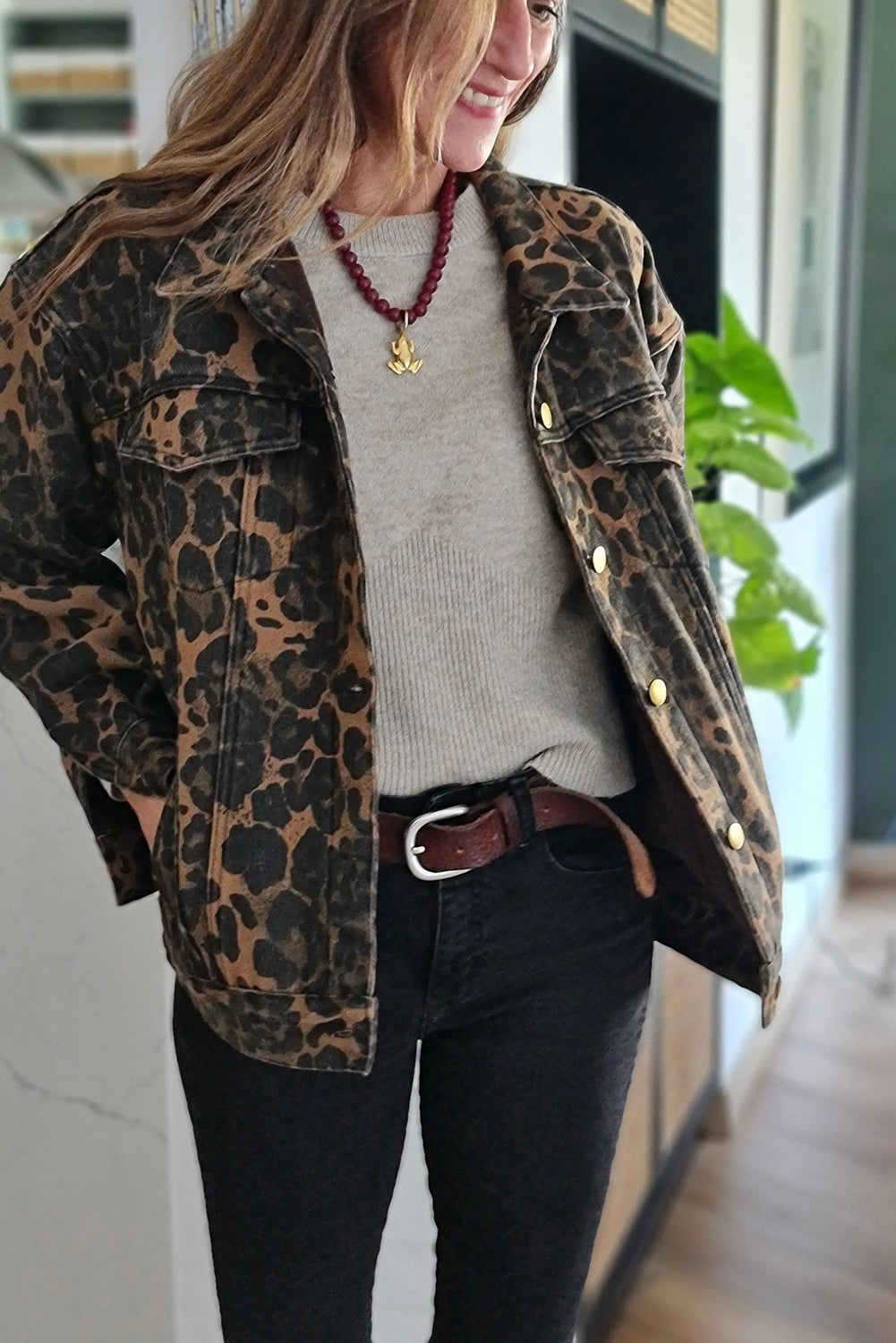 Khaki Retro Leopard Print Double Flap Pocket Button Down Denim Jacket