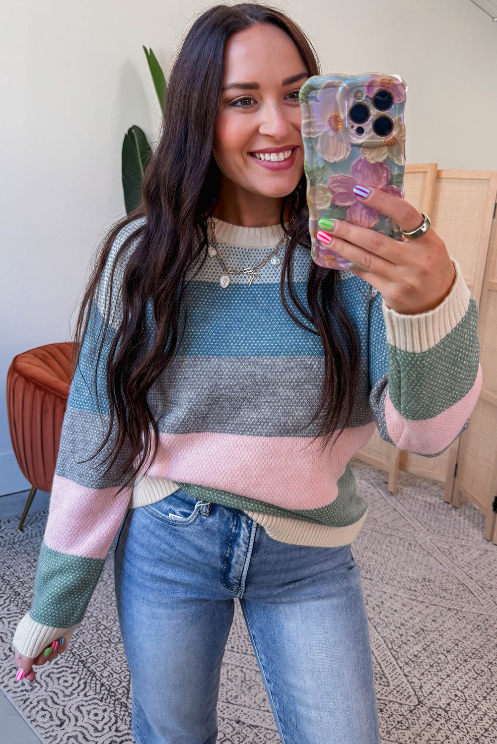 Light Blue Striped Color Block Round Neck Loose Sweater