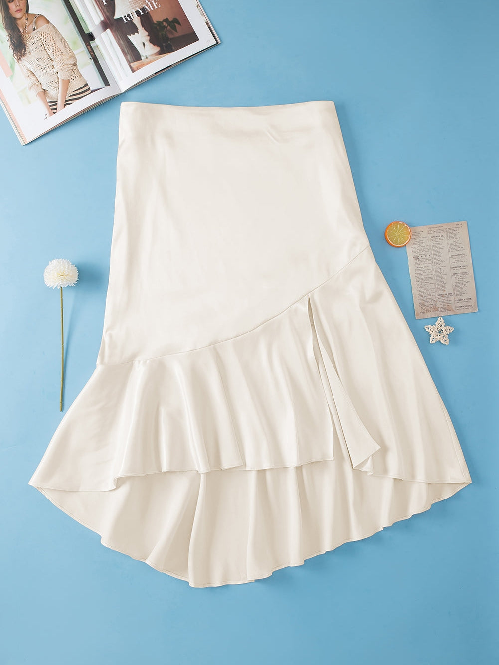 Beige Satin Split Ruffled High Waist Plus Size Skirt