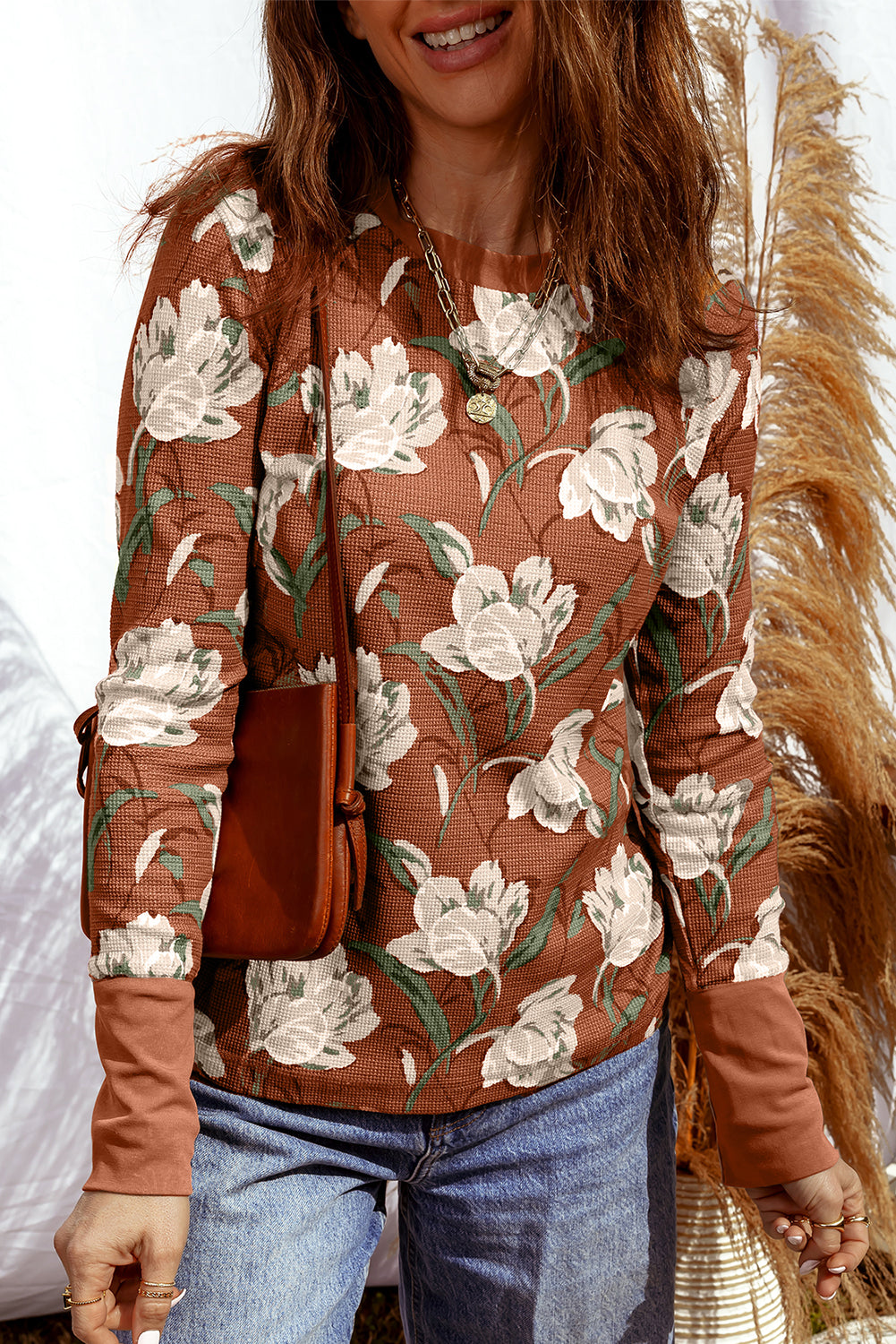 Khaki Floral Print Waffle Textured Long Sleeve Top