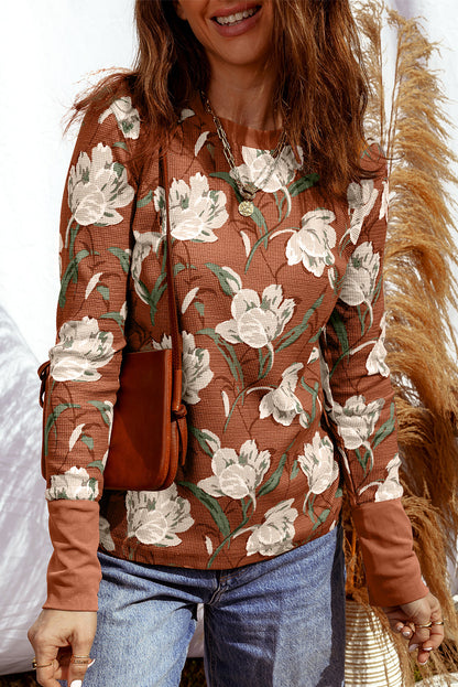 Khaki Floral Print Waffle Textured Long Sleeve Top
