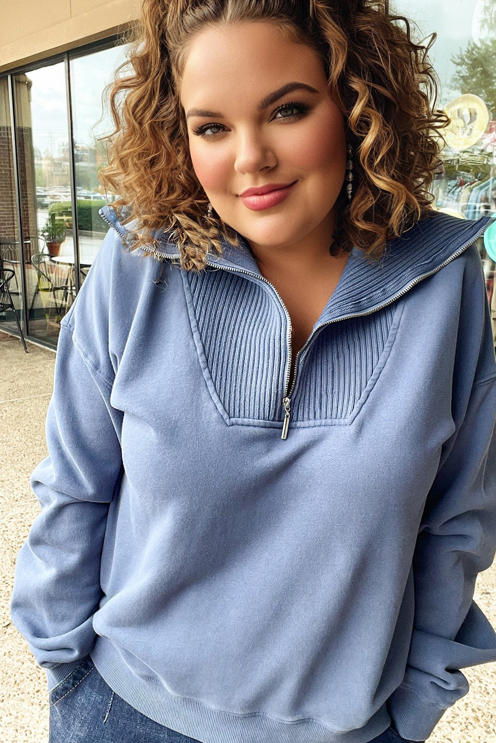 Dusk Blue Zipped Collar Drop Shoulder Solid Color Plus Sweatshirt