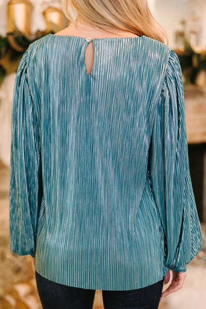Lapis Metallic Pleated Button Keyhole Back Long Puff Sleeve Blouse