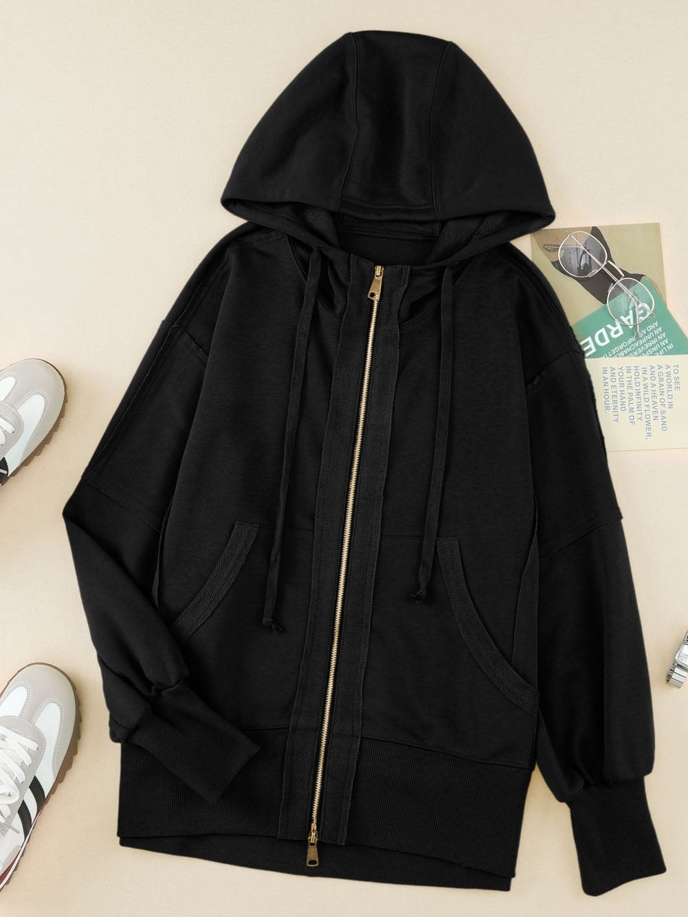 Black Exposed Seam Zip-Up Hooded Jacket