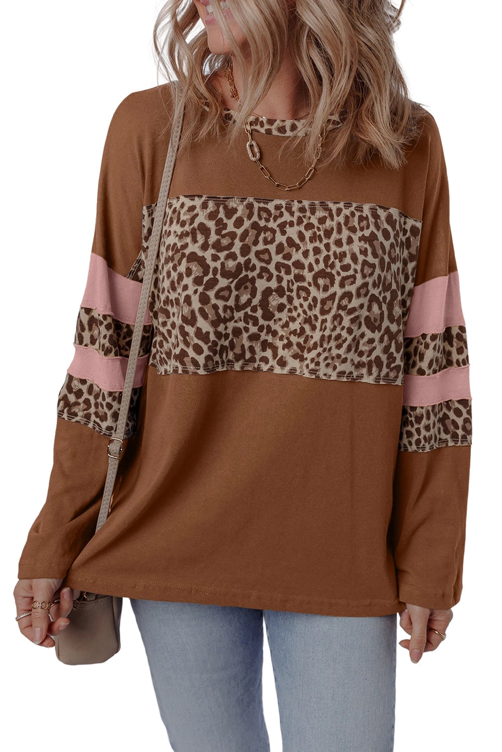 Brown Leopard Colorblock Patchwork Long Sleeve Drop Shoulder Top
