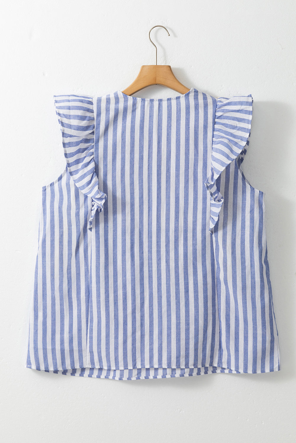 Sky Blue Embroidered Tassel Detail Striped Ruffle Sleeve Plus Blouse