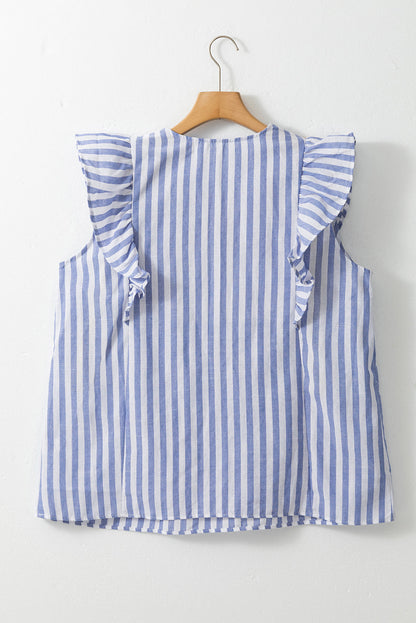 Sky Blue Embroidered Tassel Detail Striped Ruffle Sleeve Plus Blouse