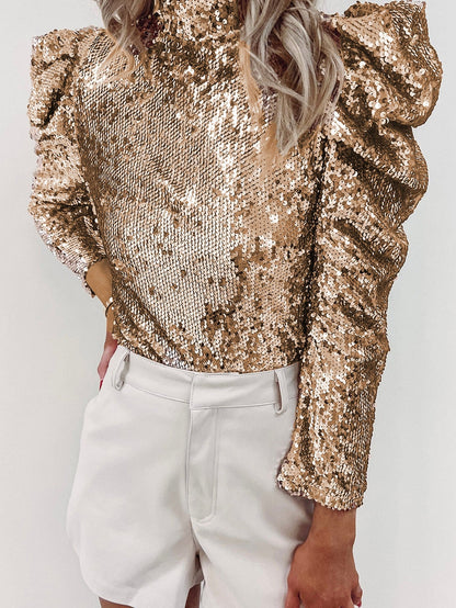 Apricot Sequin Mock Neck Puff Sleeve Sheath Top