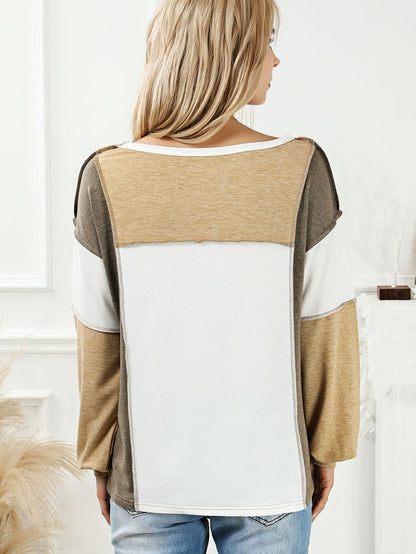 Khaki Patchwork Color Block Knit Top