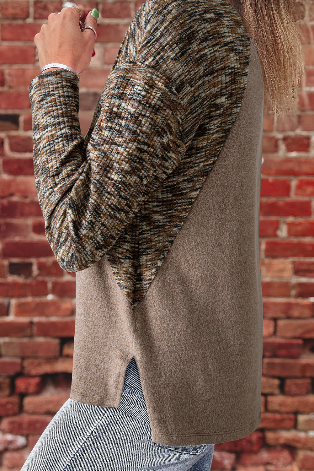 Dark Khaki Contrast Trim V Neck Long Sleeve Patchwork Loose Top