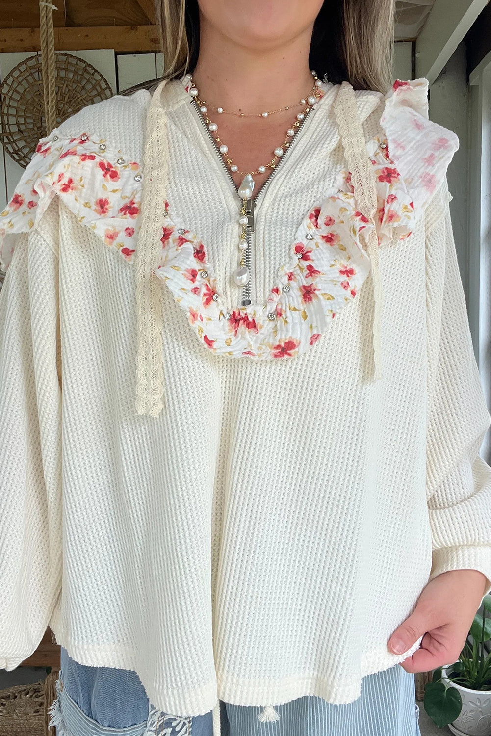 White Half Zip Waffle Knit Rhinestone Studded Floral Ruffle Trim Loose Hoodie