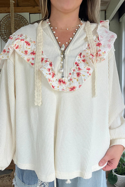 White Half Zip Waffle Knit Rhinestone Studded Floral Ruffle Trim Loose Hoodie