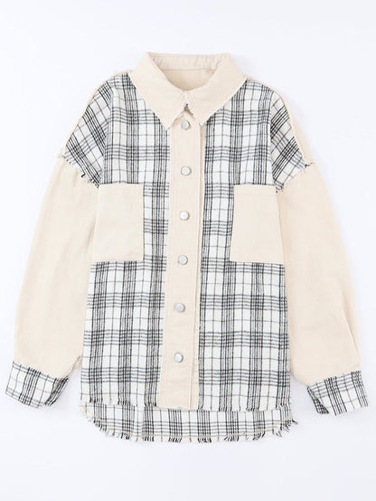 Khaki Plaid Patchwork Denim Shacket - Distressed Edges