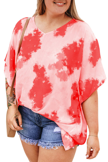 Crimson Tie-Dye Oversized 3/4 Sleeve Tunic Blouse
