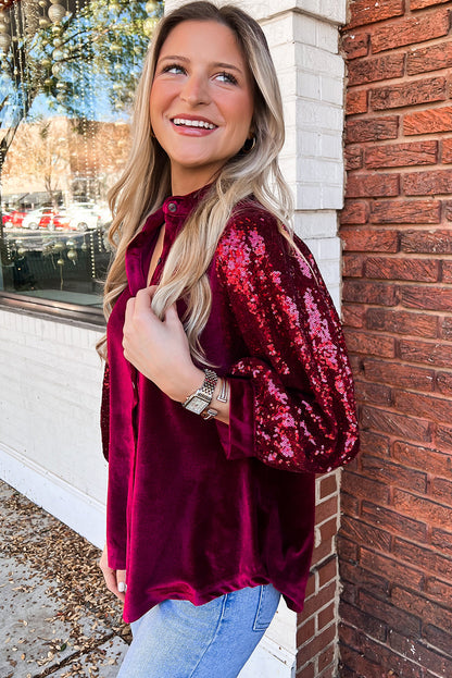 Red Dahlia Sequin Bubble Sleeve Patchwork Velvet Shirt