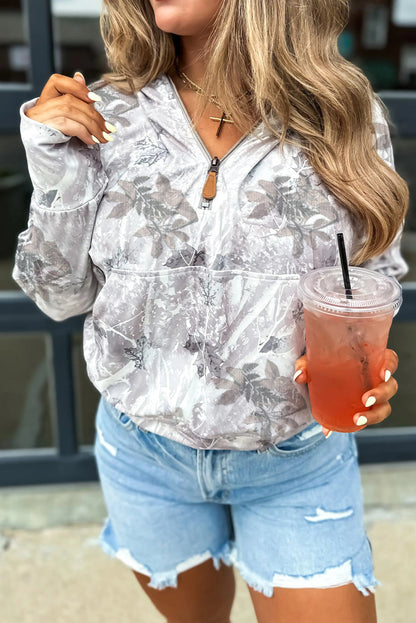 Gray Leafy Abstract Print Kangaroo Pocket Quarter Zip Hoodie