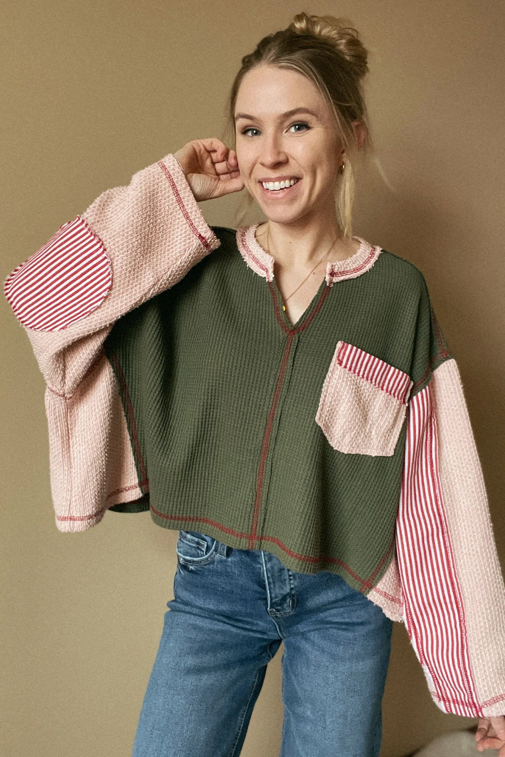 Green Mix Texture Exposed Stitch Color Block Notched Neck Loose Top