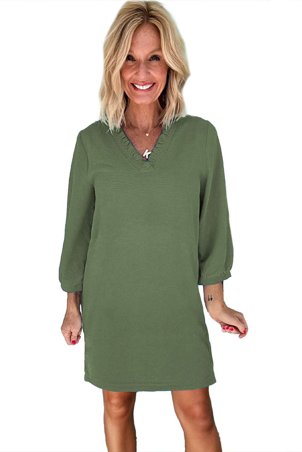 Vineyard Green Frilled V Neck Bracelet Sleeve Shift Mini Dress