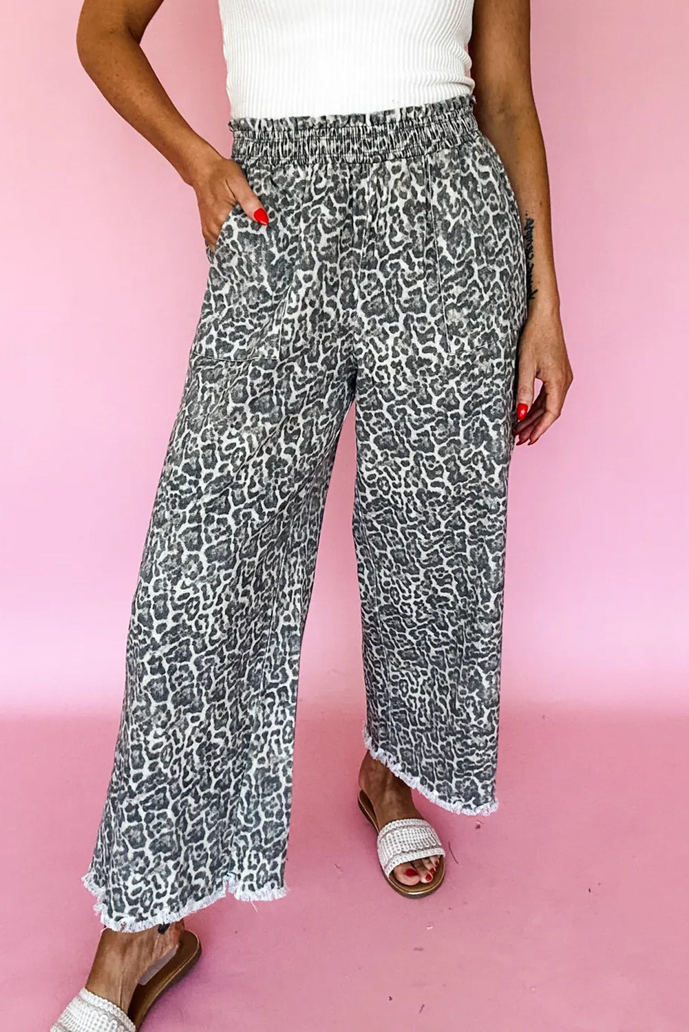 Brown Leopard Print Raw Hem Elastic Waist Loose Pull On Jeans