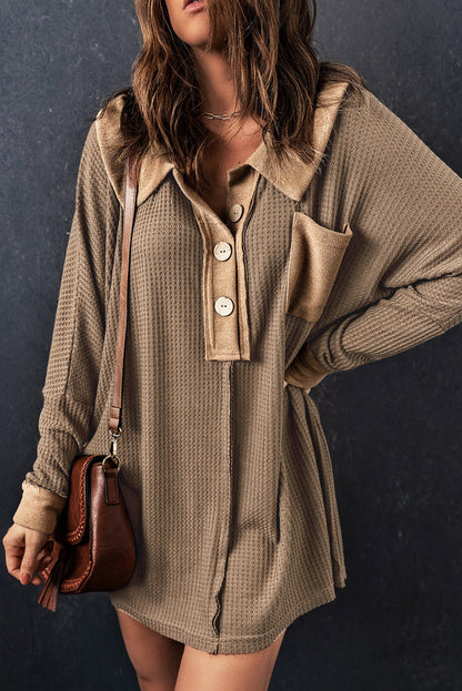 Brown Waffle Knit Buttoned Long Sleeve Top