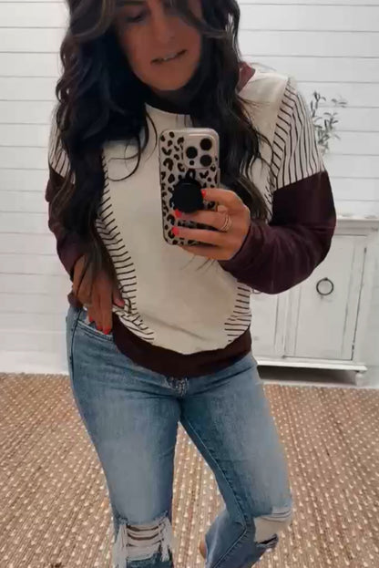 Burgundy Color Block Striped Patchwork Long Sleeve Top