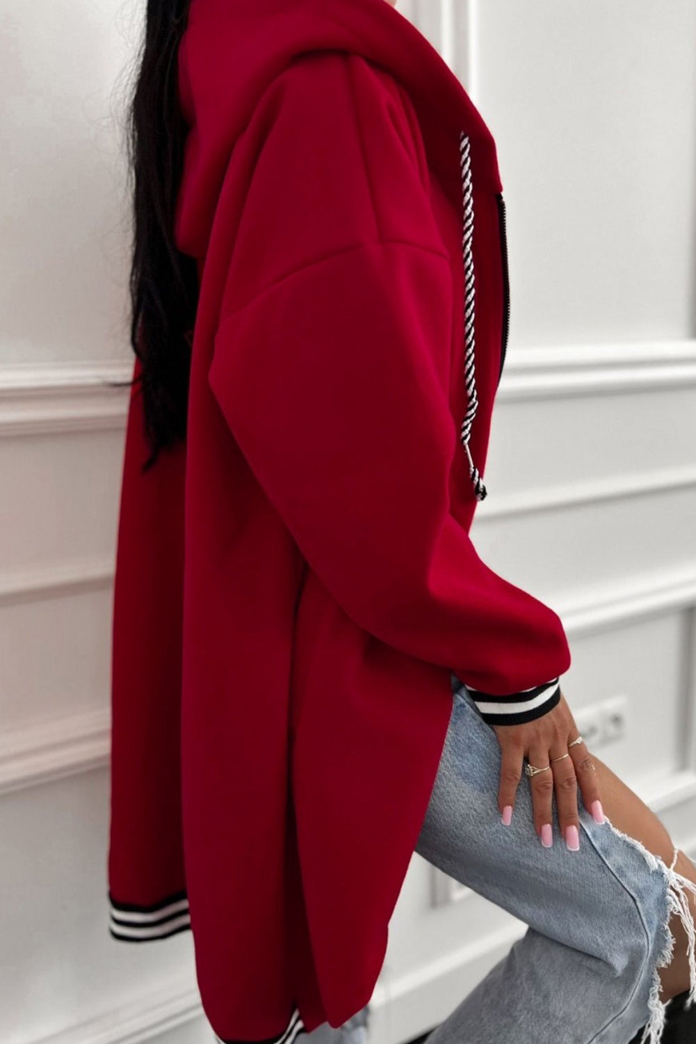 Racing Red Contrast Cuffed Drawstring Hooded Zip Up Sweatshirt