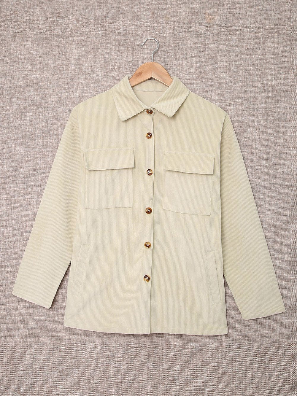 Beige Ribbed Textured Shacket with Front Pockets