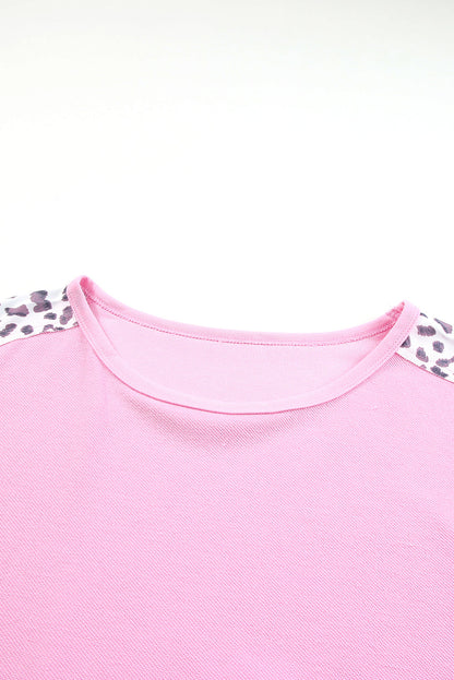 Pink Leopard Patchwork Plus Size Sweatshirt with Exposed Seams