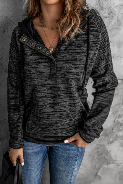 Heathered Black Button Snap Neck Pullover Hoodie with Pocket