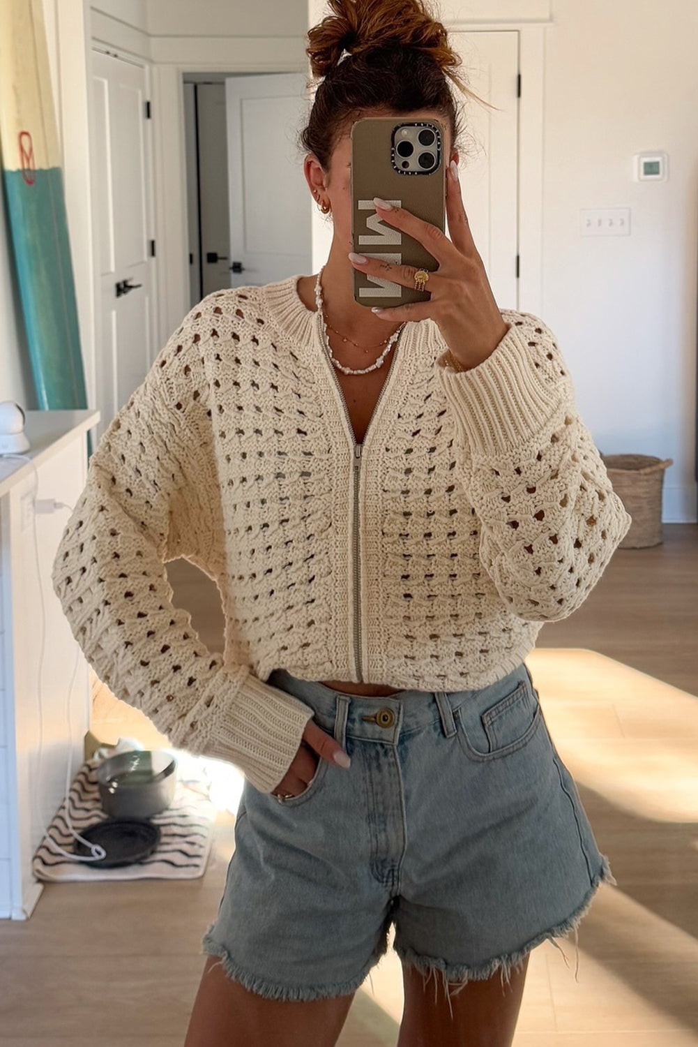 Beige Hollowed Pattern Knit Zip Up Drop Shoulder Sweater Cardigan