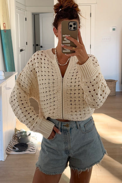 Beige Hollowed Pattern Knit Zip Up Drop Shoulder Sweater Cardigan