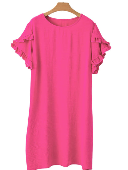 Strawberry Pink Ruffle Sleeve Plus Size Shift Mini Dress