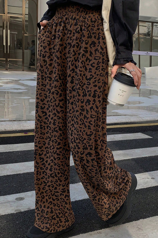 Dark Brown Leopard Print Elastic High Waist Loose Corduroy Pants