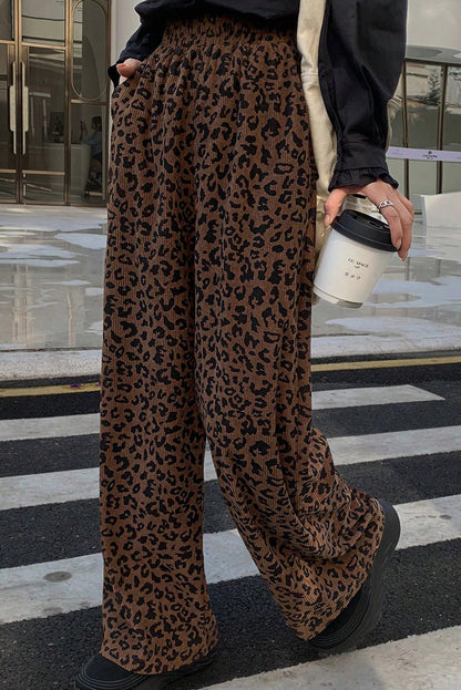 Dark Brown Leopard Print Elastic High Waist Loose Corduroy Pants