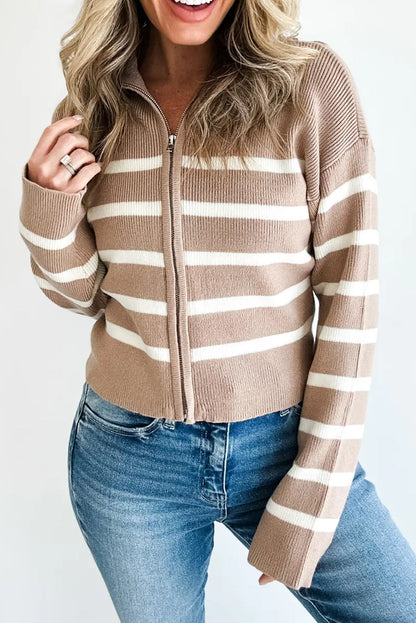 Khaki Stripe Ribbed Knit Zip Up Drop Shoulder Sweater Cardigan