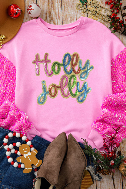 Pink Holly Jolly Sequin Letter Graphic Drop Shoulder Patchwork Long Sleeve Top