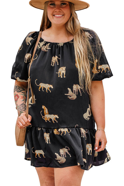 Cheetah Wonderland Plus Size Mini Dress with Puff Sleeve Flair