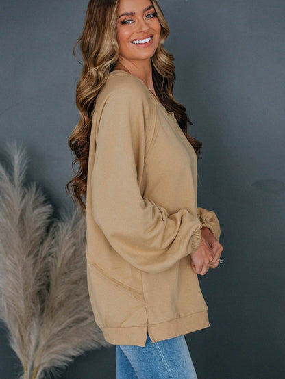 French Beige Lattice Hollow Out Back Sweatshirt for Casual Chic Comfort