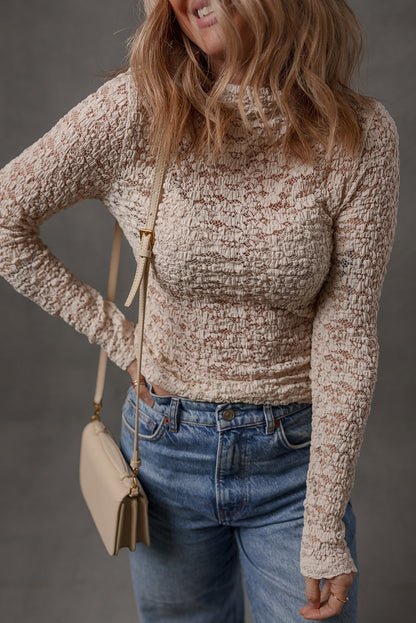 Jet Stream Lace Textured Mock Neck Long Sleeve Slim Top