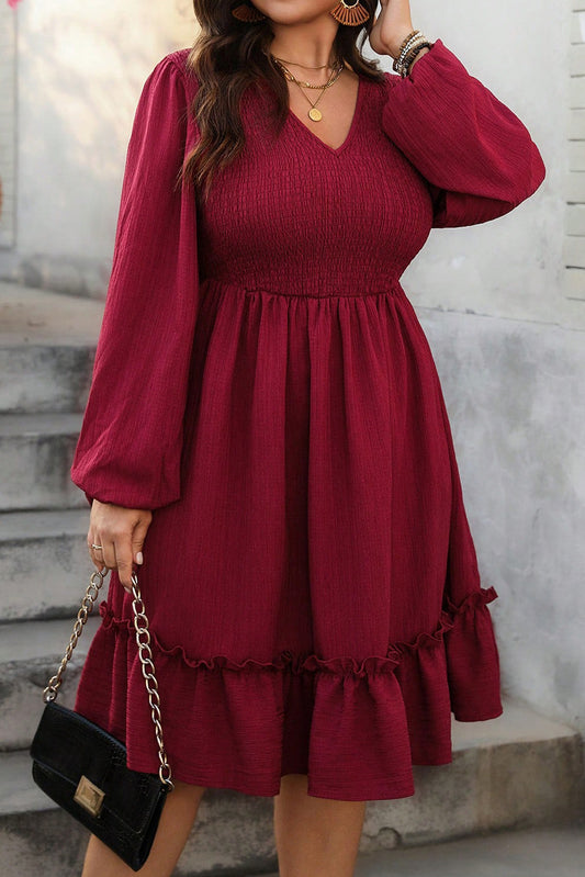 Red Dahlia Plus Size V Neck Shirred A-Line Long Sleeve Ruffle Hem Midi Dress
