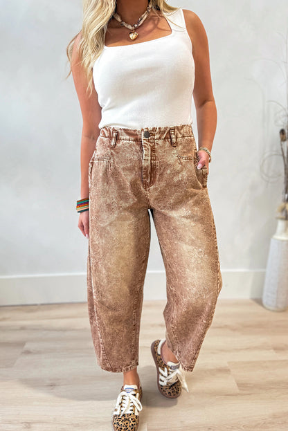 Straw Yellow Mineral Wash Flower Embellished Ankle-length Barrel Jeans