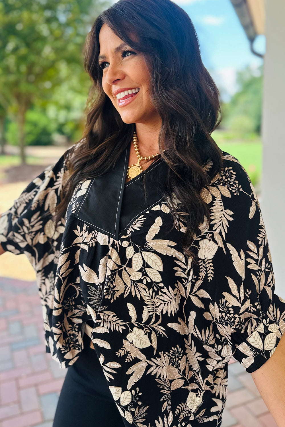 Black Botanical Leafy Print Color Block V Neck Half Sleeve Dolman Blouse